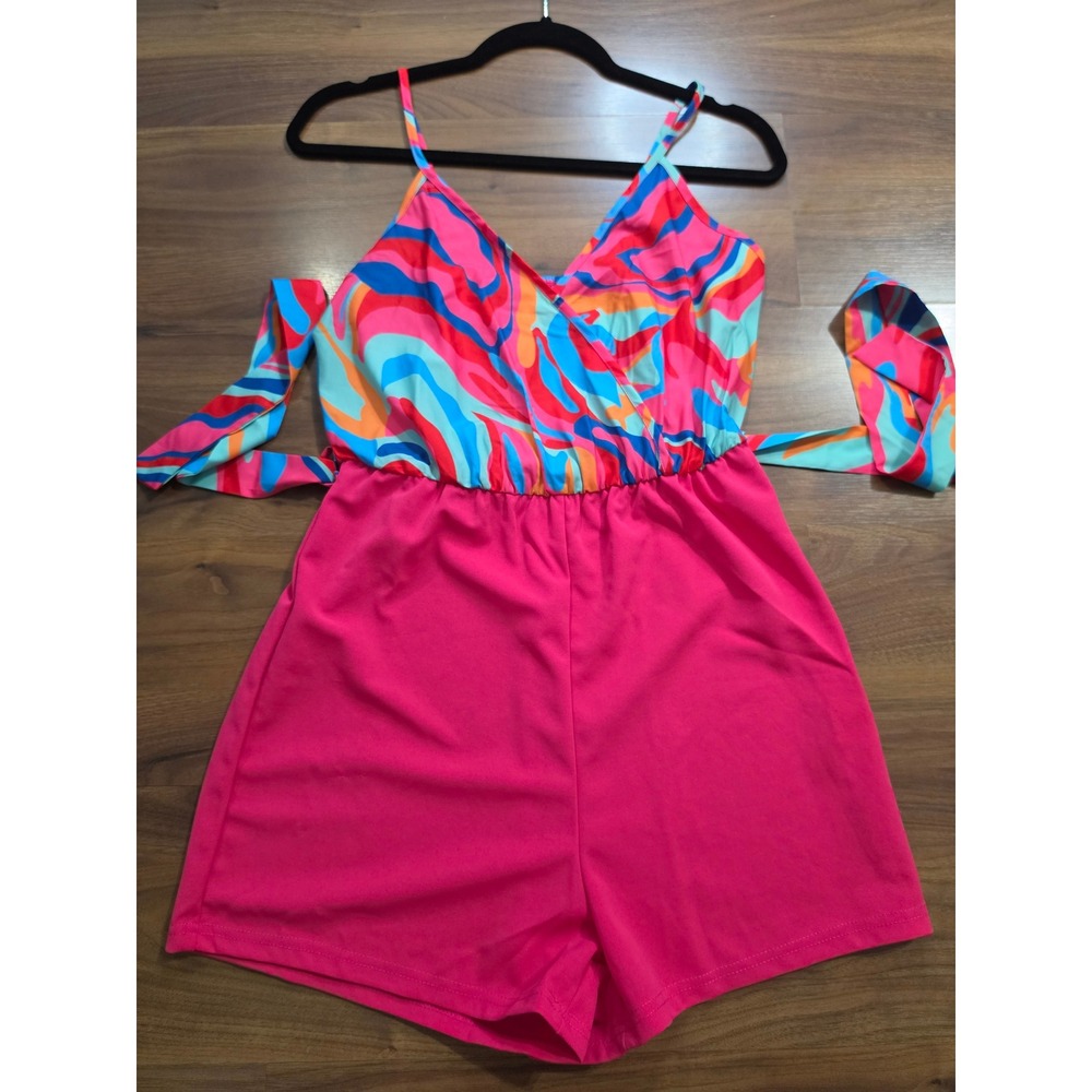 NWT SHEIN Romper Medium Pink Abstract Swirl Print V-Neck Sleeveless Tie Waist